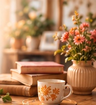 Books, tea and flowers in warm afternoon light